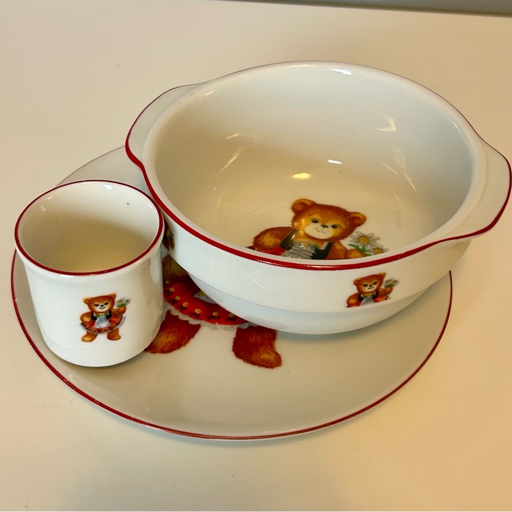 Vintage Reutter Porcelain Children’s Dish Set Teddy Bear Germany Plate Cup Bowl